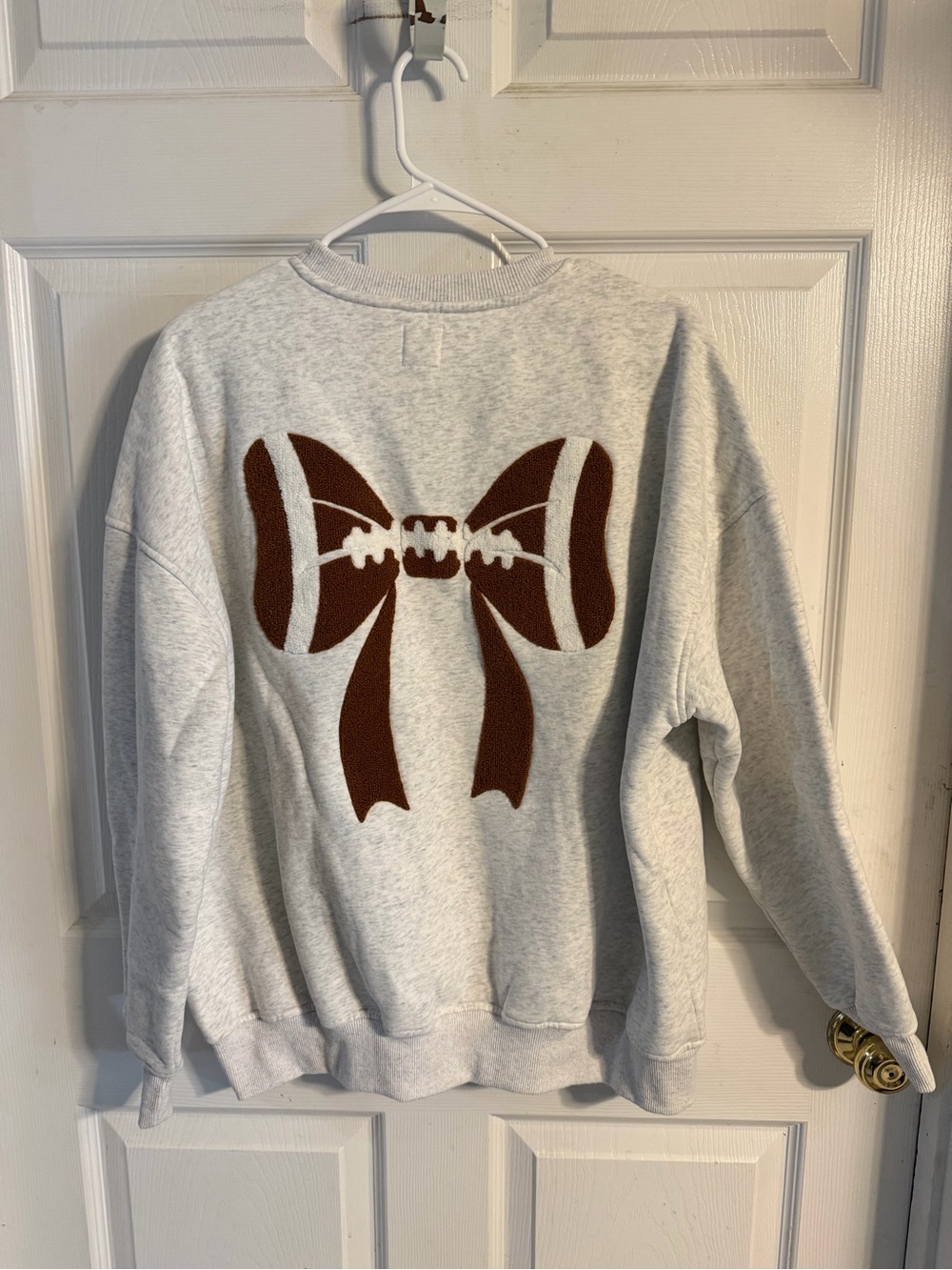 Football Heather Gray Crewneck Sweatshirt with Brown Bow Accent - Picture 2 of 4